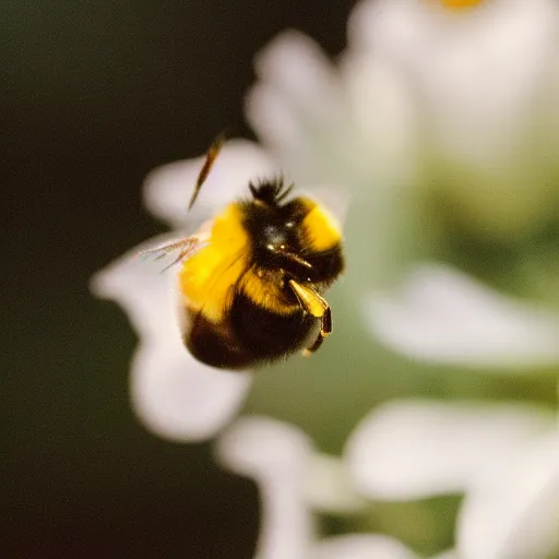 Image similar to a bumblebee with floral anatomy sits on a finger, 5 0 mm lens, f 1. 4, sharp focus, ethereal, emotionally evoking, head in focus, volumetric lighting, blur dreamy outdoor