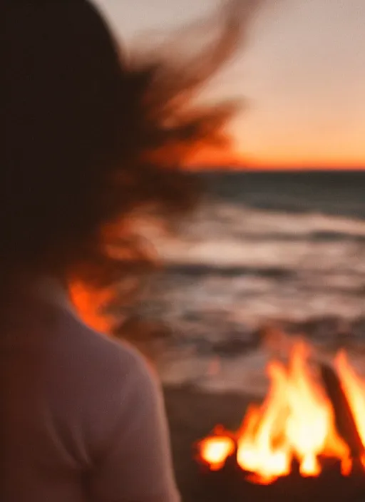 Prompt: a 3 5 mm photo from the back of a woman watching a bonfire on the beach, splash art, movie still, bokeh, canon 5 0 mm, cinematic lighting, dramatic, film, photography, golden hour, depth of field, award - winning, anamorphic lens flare, 8 k, hyper detailed, 3 5 mm film grain