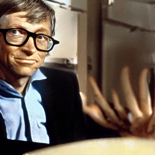 Prompt: a film still of Bill Gates turning slowly into a fly from the movie The Fly, promotional photo