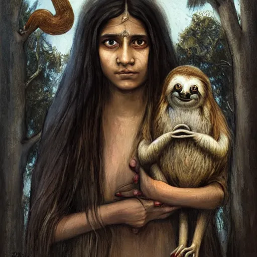 Image similar to a cottagecore beautiful young indian witch holding a cute sloth, highly detailed, masterpiece, illustrated, art by seb mckinnon