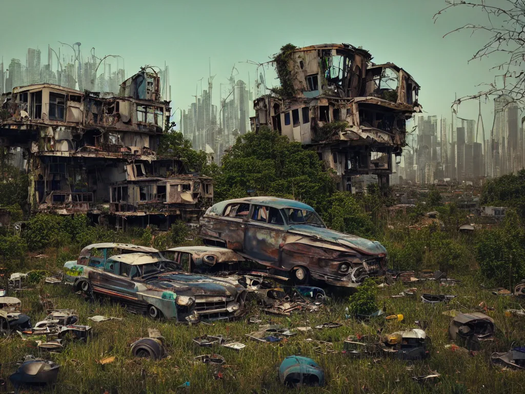 Prompt: beautiful house made from junkyard scrap parts, in an abandoned car lot overgrown, junk architectural, futuresynth, scrapyard architecture, blender, morning, ruined city in the background, trending on artstation, by gal barkin