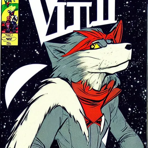 Image similar to 1 9 8 0 s comic book cover scan featuring a portrait of villain male wolf o'donnell anthropomorphic wolf furry fursona from starfox wearing a dark space mercenary uniform, dark grey wolf, handsome eyes, wolf o'donnell