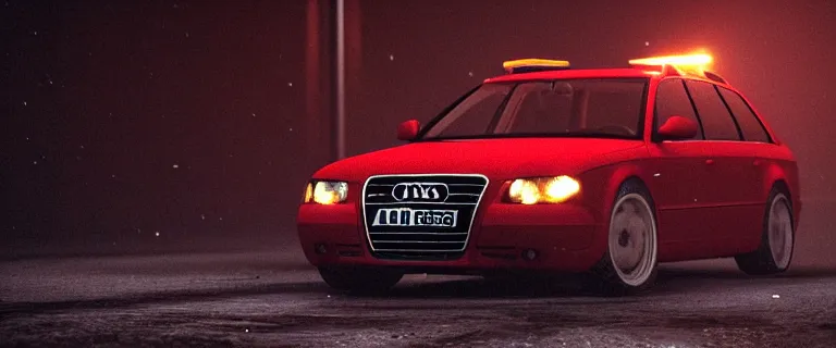 Image similar to Audi A4 B6 Avant (2002), eldritch horror anomaly, a gritty neo-noir, dramatic lighting, cinematic, eerie person, death, homicide, homicide in the snow, gunshots, establishing shot, extremely high detail, photorealistic, red fog, chaos, arson, burning city, cinematic lighting, artstation, by simon stalenhag, Max Payne (PC) (2001) winter New York at night, In the style of Max Payne 1 graphic novel, flashing lights, Poets of the Fall - Late Goodbye