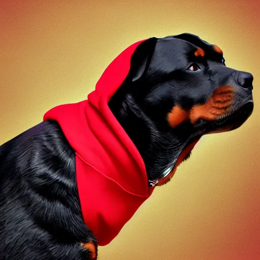 Image similar to Rottweiler wearing a red hoodie, digital art