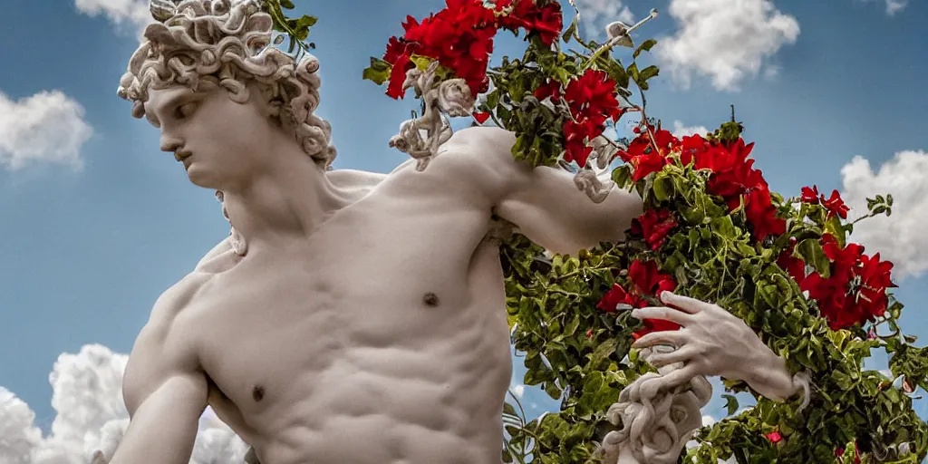 Prompt: tilt shift, prismatic, italian masterpiece, white marble sculpture, baroque, portrait, saint Man, Zeus gods Apollo Mercury, beautiful, gracious, pagans, marble, clouds, sun, greeks, fruits, bioluminescent skin, draped with red flowers and vines, ultra detailed