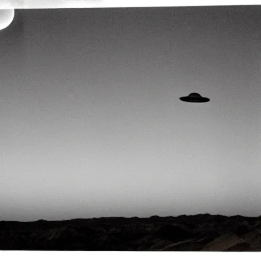 Prompt: ufo flying over the desert at night, old picture, declassified,