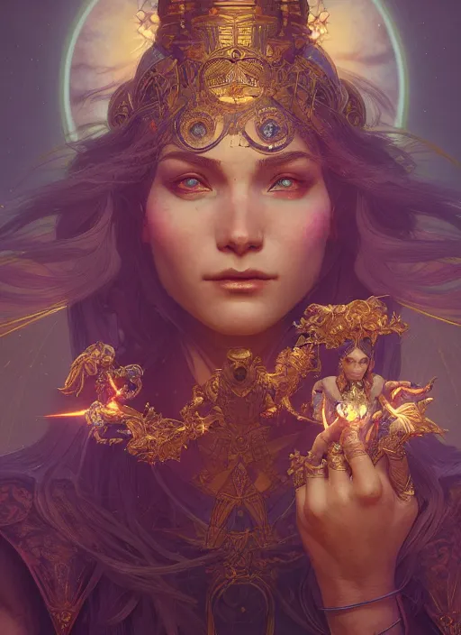 Image similar to Divine cosmic female power, glyphs, magic, artstation, cgsociety, very detailed, intricate, detailed illustration, by artgerm and greg rutkowski and alphonse mucha, octane render, unreal engine, hyperrealism