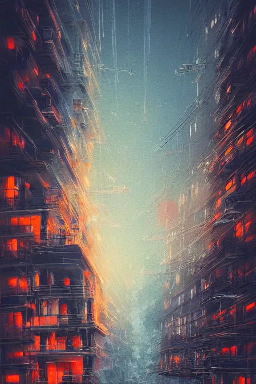 Prompt: Alena Aenami, cybercity at night with buildings in the distance, puffy cloudy sky, intricate detail, water rushing into the streets, light and reflections, future, Trending on artstation