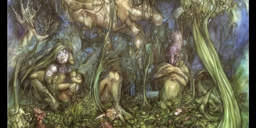 Prompt: mashroom Brian Froud fantasy illustration Fairy painting, Trending on artstation.