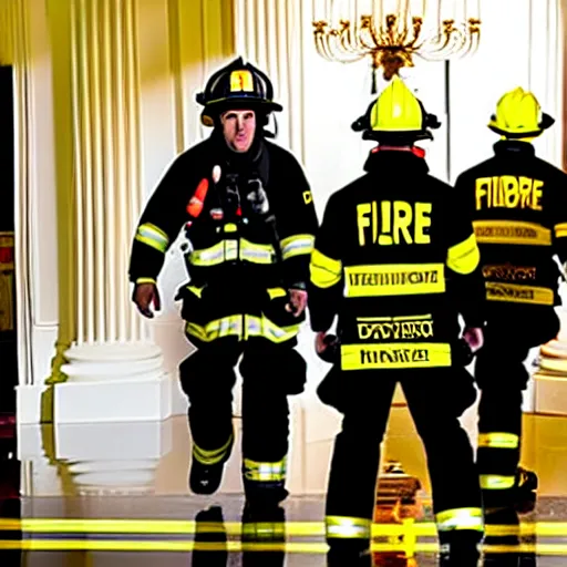 Prompt: one heroic firefighters with black and yellow uniforms in action inside white house, interior background, fire flames, sharp details, sharp focus