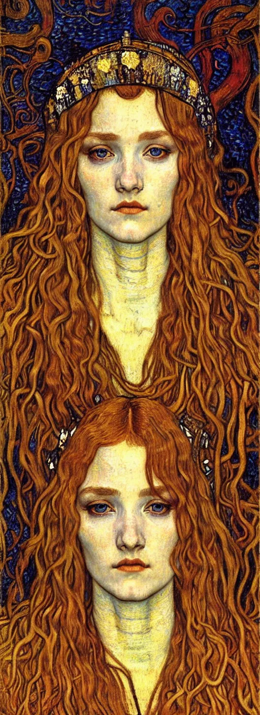 Image similar to detailed realistic beautiful young medieval queen face portrait by jean delville, gustav klimt and vincent van gogh, art nouveau, symbolist, visionary, gothic, pre - raphaelite, muted earthy colors, desaturated