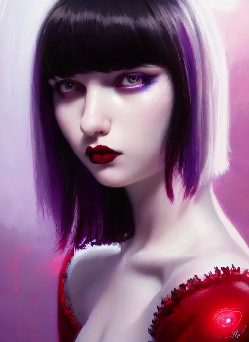 Image similar to portrait of teenage girl, red irises, red eyes, black hair, white bangs, purple lipstick, white bangs, bangs, black hair and white bangs, intricate, elegant, glowing lights, highly detailed, digital painting, artstation, concept art, smooth, sharp focus, illustration, art by wlop, mars ravelo and greg rutkowski