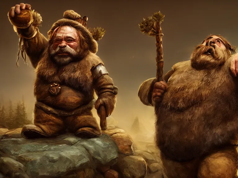 Image similar to Drunk Dwarf Woodsman riding Bear Companion into a Tavern, RPG Portrait Full Body, Oil Painting, Trending on Artstation, octane render, Insanely Detailed, 8k, HD