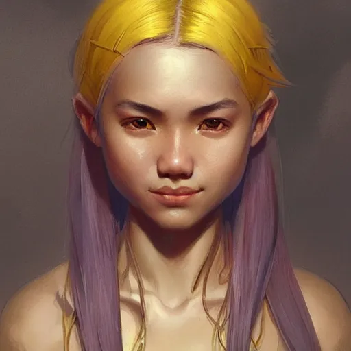 Image similar to filipino girl with blue - yellow hair and a nose band aid, highly detailed, digital painting, artstation, concept art, smooth, sharp focus, illustration, art by artgerm and greg rutkowski and alphonse mucha