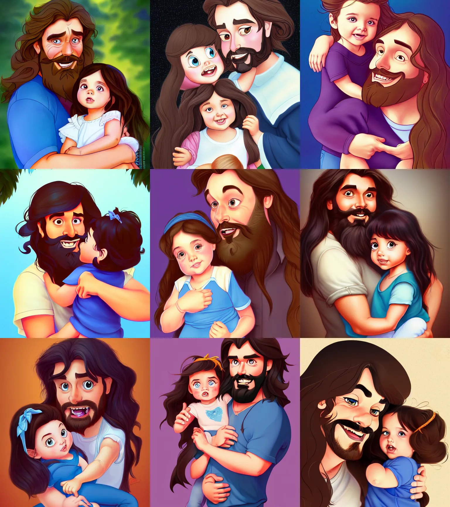 Image similar to a long - haired bearded father and his brunette child toddler girl, love, feeling, happy, full color digital illustration in the style of don bluth, artgerm, artstation trending, 4 k