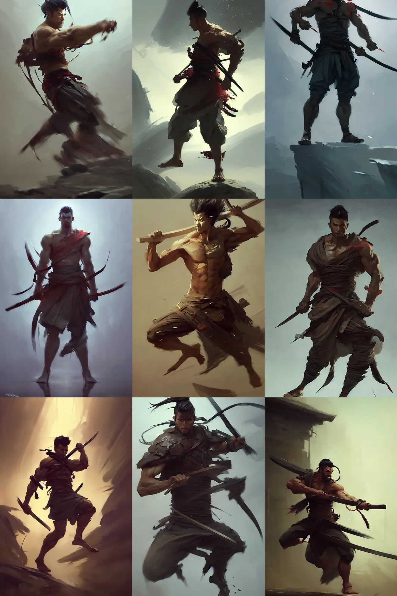 Prompt: full body portrait of a handsome and ripped ronin, square jaw, short messy hair, wearing a haori, by wlop greg rutkowski and peter mohrbacher, dramatic action pose, extremely detailed shading, sharply focused, concept art, digital painting, trending on artstation, unreal engine 5, octane render, atmosphere, glow, cinematic lighting, full of color