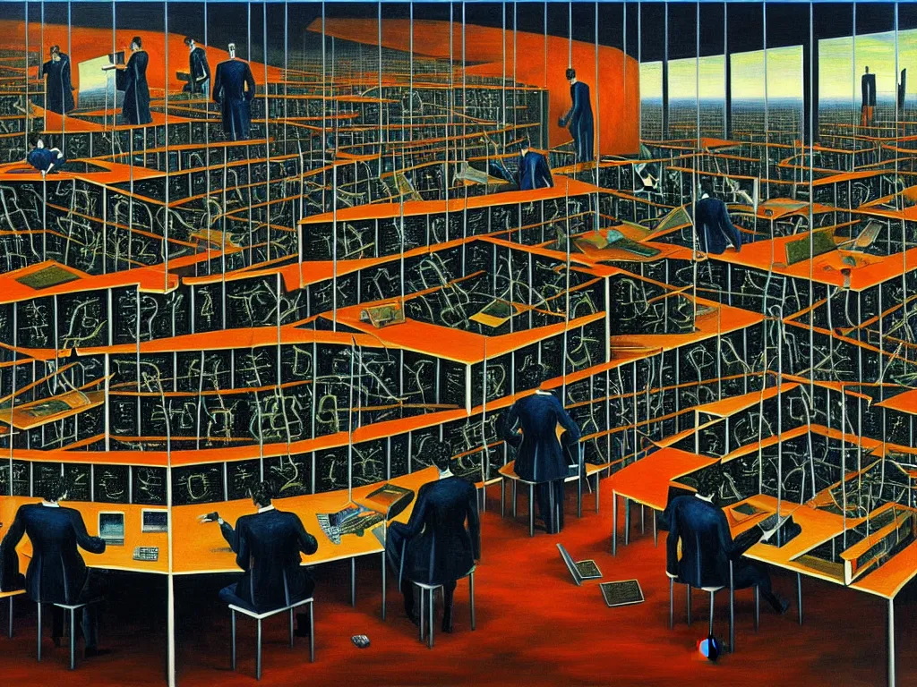 Image similar to a painting of a vast office in hell, businesspeople sitting in front of computers upside down,, highly detailed, 4 k, art by max ernst