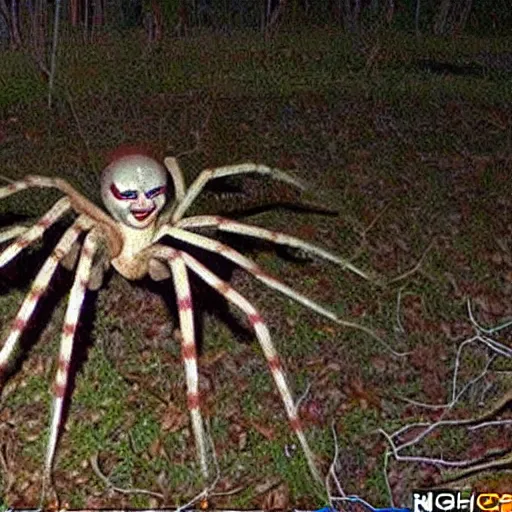 Prompt: trailcam footage of giant spider pennywise, night, creepy, grainy footage