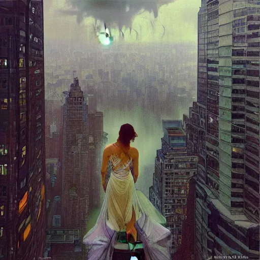 Image similar to “ a girl standing on a ledge looking down at a futuristic new york city below, ghostpunk, fog, storm clouds, rain, detailed face, oil painting, by alphonse mucha ”