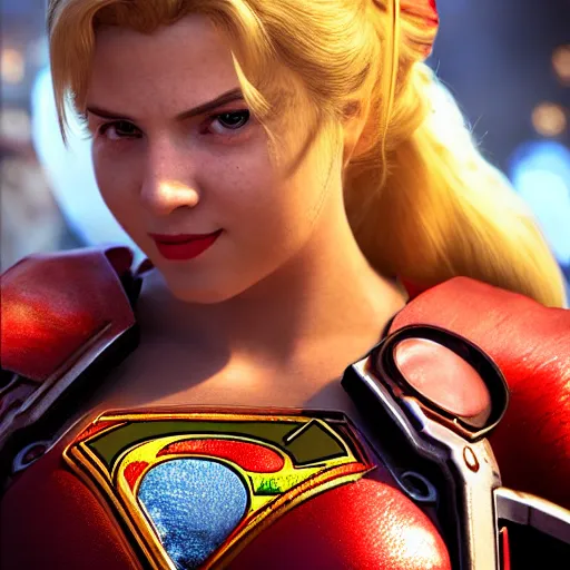 Prompt: portrait of princess peach as superman in gears of war, splash art, movie still, detailed face, photorealistic facial features, cinematic lighting, dramatic, octane render, long lens, shallow depth of field, bokeh, anamorphic lens flare, 8 k, hyper detailed, 3 5 mm film grain