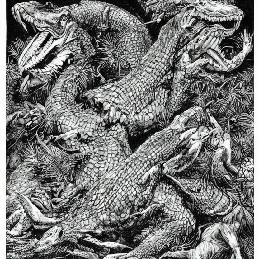 Prompt: crocodile, lion, and stork. wings and feathers. reptile skin, lion muscles. strange anatomy. in a night jungle by water. pulp sci - fi art.