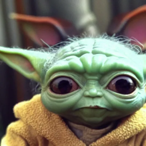 Image similar to baby yoda pointing a gun at you