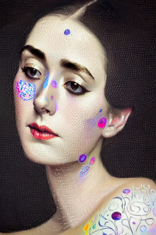 Prompt: allover painting face portrait of elegantly beautiful, sophisticated victoria exhalted queen of advanced mathematics, iridescent corvus, intricate automatism, baroque, batik, ben - day dots by, norman rockwell, range murata jeremy lipking, trending on pinterest, stunning 8 k, sharp depth of field, pristine global illumination, circuit bent synthesis.