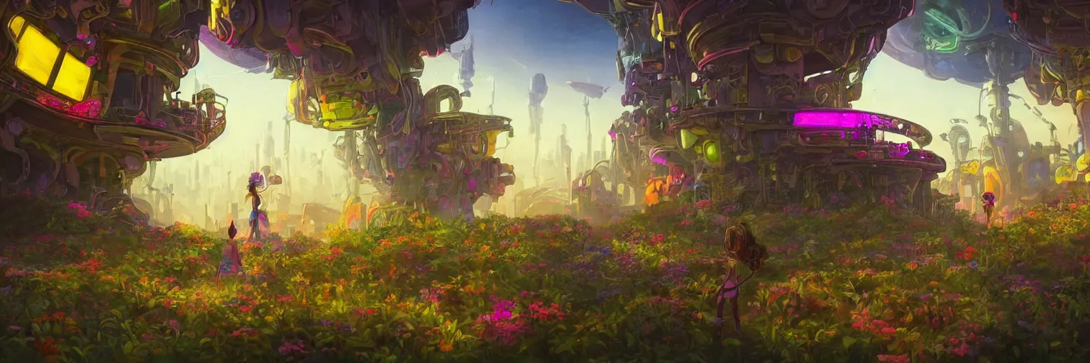 Image similar to beautiful low angle painting of an alien world with sleek architecture, steampunk, ground made of multicolour flowers, neon lights, a tiny girl watching on, in the style of don bluth, elegant, highly detailed, digital painting, artstation, cinematic lighting, glowing light and shadows, trending on artstation, octane render