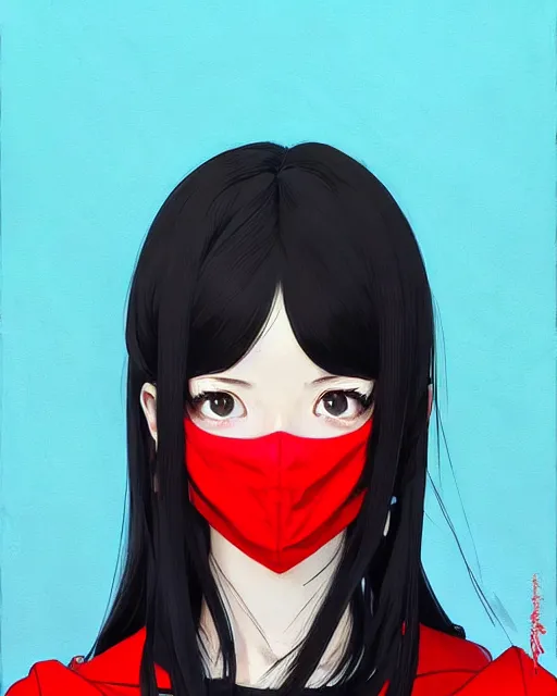Image similar to black haired girl wearing a surgical mask and red dress | | audrey plaza, warframe armor, fine detail!! anime!! realistic shaded lighting!! poster by ilya kuvshinov katsuhiro otomo ghost - in - the - shell, magali villeneuve, artgerm, jeremy lipkin and michael garmash and rob rey