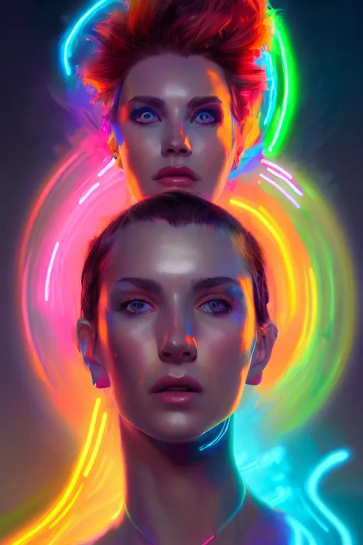 Image similar to a award winning portrait of a beautiful woman with stunning eyes in a one off shoulder crop top and cargo pants with rainbow colored hair, outlined by whirling illuminated neon lines and fine lines swirling in circles by greg rutkowski, digital art, trending on artstation