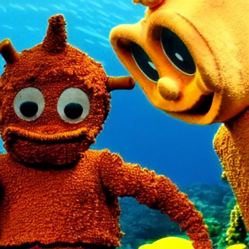 Image similar to rusted barnacle covered teletubby at the bottom of the ocean