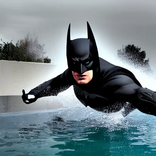 Image similar to batman diving in a pool, professional photography