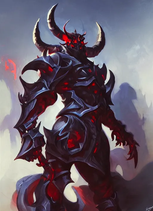 Image similar to Greg Manchess portrait painting of a demonic, devil armored character from league of legends, full shot, asymmetrical, splashscreen, Organic Painting, sunny day, Matte Painting, bold shapes, hard edges, cybernetic, street art, trending on artstation, by Huang Guangjian and Gil Elvgren and Sachin Teng