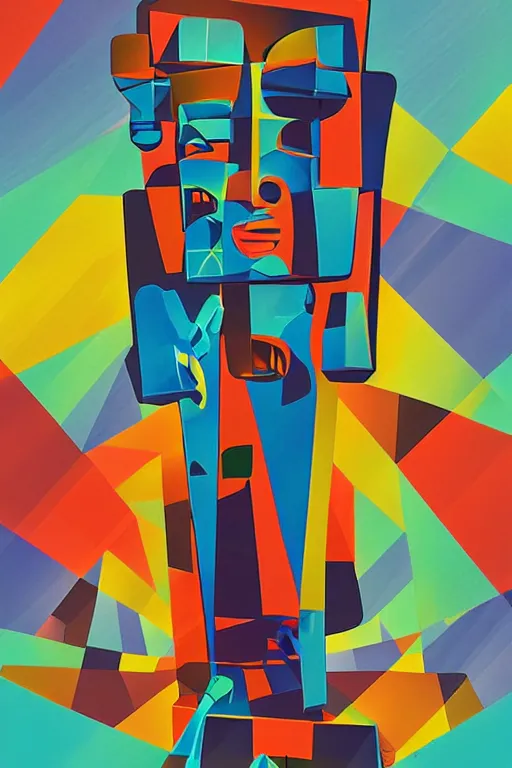 Image similar to cubist moai statue cutout digital illustration cartoon colorful beeple