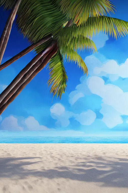 Image similar to a beautiful children ’ s illustration on paper of a beach with coconut palms 8 k, frostbite 3 engine, cryengine, dof, trending on artstation, digital art, crepuscular ray