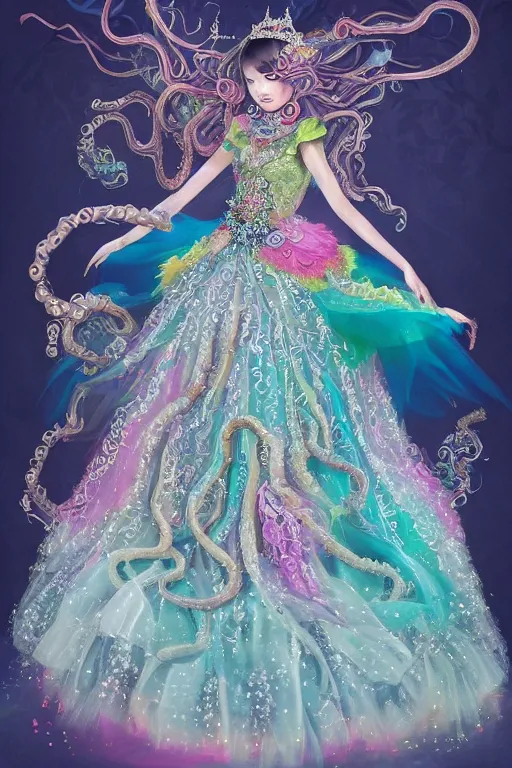 Image similar to A full body shot of a cute and mischievous young monster princess wearing an ornate gown. Covered in barnacles and tentacles. Dynamic Pose. Quinceanera dress. Rainbow palette. rainbowcore. Dramatic Lighting. Eldritch. defined facial features, symmetrical facial features. Opalescent surface. Emerging from the darkness. Elegant. By Ruan Jia and Artgerm and Range Murata and WLOP and Ross Tran and William-Adolphe Bouguereau. Key Art. realistic, Hyperdetailed. Fantasy Illustration. Masterpiece. artstation, award winning, sharp, details, HD, HDR, 4K, 8K.