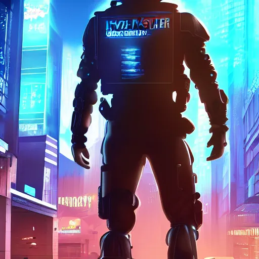 Image similar to A cyber police officer standing next to a futuristic police car in a cyberpunk city, ultrarealistic, detailed, dimly lit, neon lit signs, neon, sci fi, 4k, artstation, octane, unreal