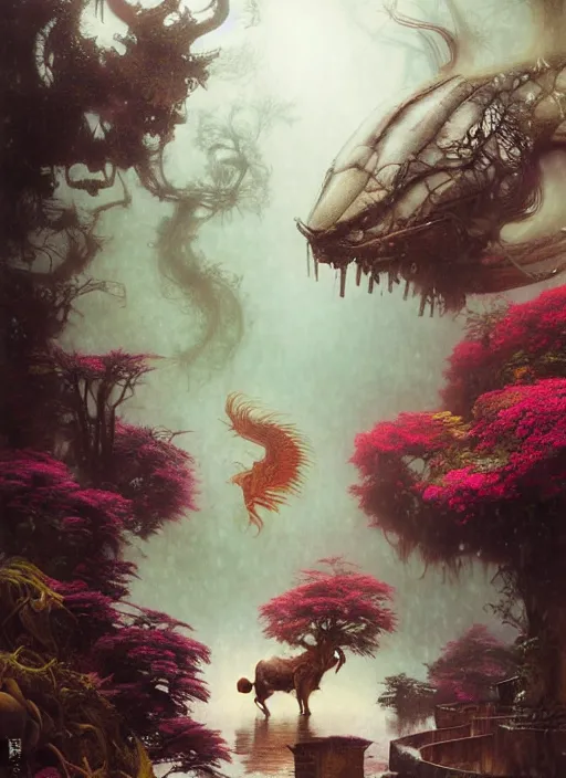 Prompt: 雨 の 動 物 園. fantasy, regal, by kim keever, victo ngai, stanley artgerm lau, greg rutkowski, thomas kindkade, alphonse mucha, loish, norman rockwell