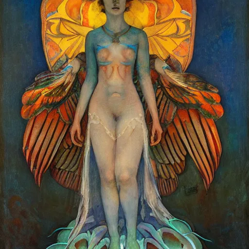 Image similar to queen of the dawn with her wings and her lantern, by Annie Swynnerton and Nicholas Roerich and Diego Rivera, bioluminescent skin, floral tattoos, elaborate costume, geometric ornament, symbolist, soft colors, smooth, sharp focus, extremely detailed