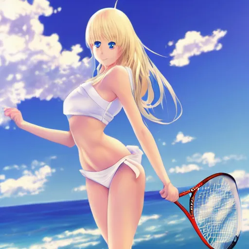Image similar to full body shot : a very beautiful young blond tennis anime girl, sky blue eyes, smug, bikini, white miniskirt, highly detailed, cinematic wallpaper by stanley artgerm lau