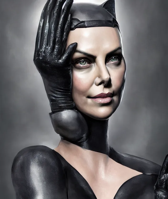 Image similar to portrait of charlize theron as catwoman. hd, 4 k. intricate artwork. by tooth wu, wlop, beeple, dan mumford. octane render, trending on artstation, greg rutkowski very coherent symmetrical artwork. cinematic, hyper realism, high detail, octane render, 8 k, iridescent accents.