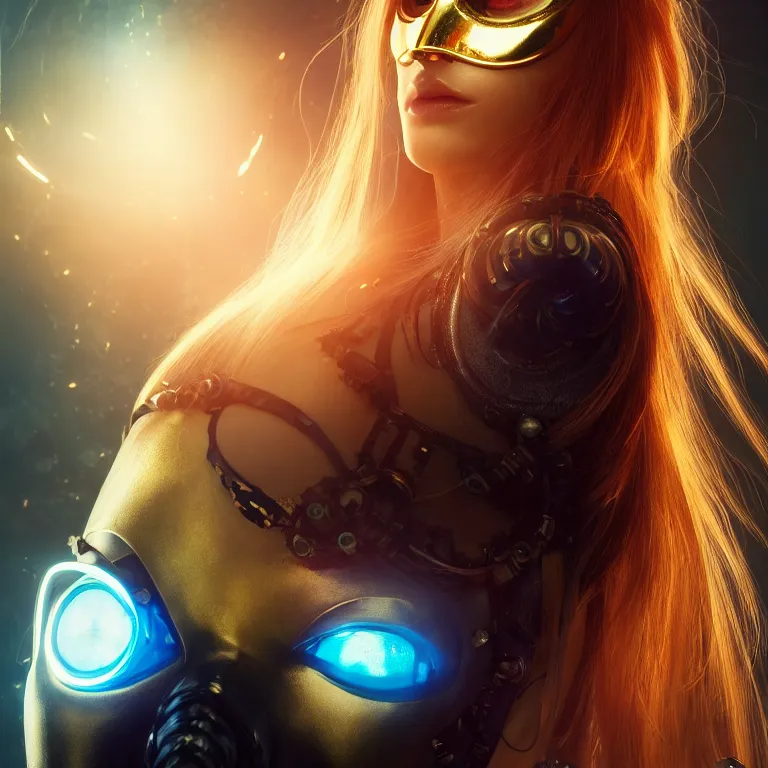 Image similar to beautiful cinematic poster, female cyberpunk cyborg, a gold circuit mask, brilliant blue flowing hair, beautiful glowing eyes, wideshot ultrawide angle epic scale, hybrid from the elden ring and art direction by darius zawadzki, wayne reynolds artstation ; cinematic quality character render ; low angle ; ultra high quality model, quality cinema model