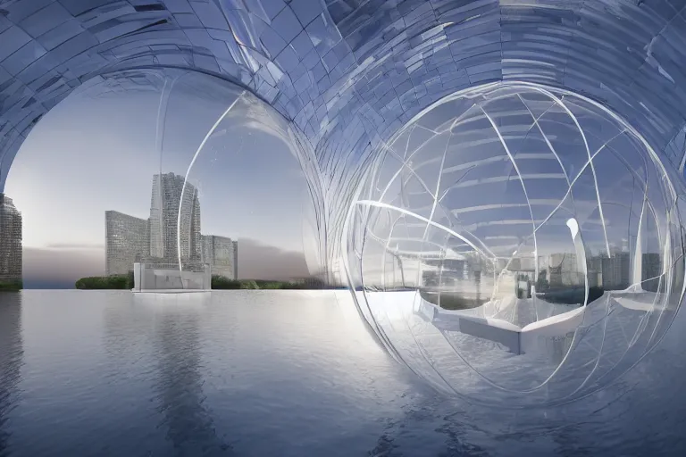 Prompt: a bubble building formed by the intersection and fusion of many white spherical spaces, on the calm lake surface, people's perspective modern curved architecture, future, wood, marble, metal award winning, highly detailed 4 k art, dusk, unreal engine highly rendered, global illumination, radial light, internal environment by kazuyo sejima