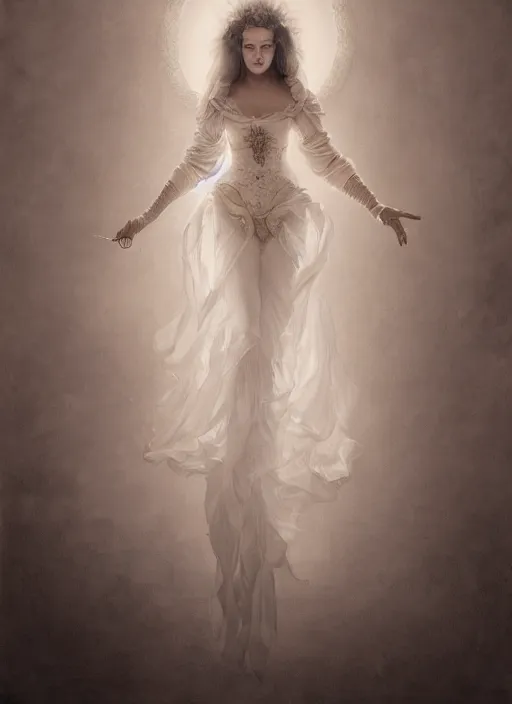 Prompt: hyper realistic photo of baroque luxury queen ethereal floating ghost full body, symmetric, rule of thirds, cinematic, artstation, cgsociety, greg rutkowski, james gurney brom