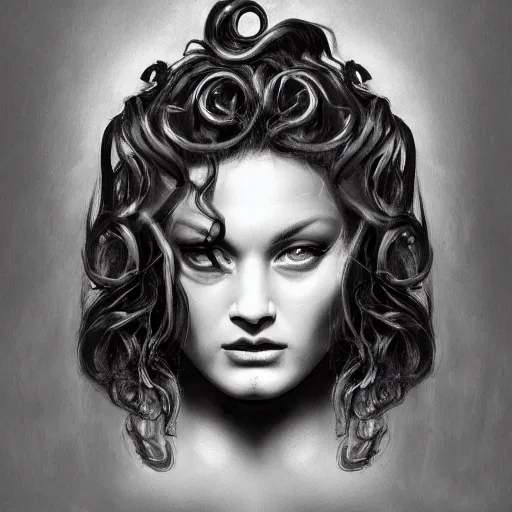 Prompt: medusa portrait painting, black and white, seductive, dynamic lighting, michelangelo, artstation, detailed, blurred background