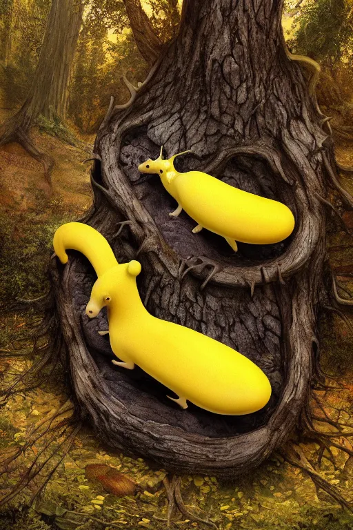 Image similar to A brilliant yellow banana slug with deer antlers, poised magnificently on a tree stump deep in a redwood forest, magical, deep woods, octane render, 8k,realism, insanely detailed, intricate, natural lighting, illustrated by TamberElla, national geographic wildlife photography, digital art, fantasy creature, realistic Trending on artstation, artstationHD, artstationHQ, 4k, 8k