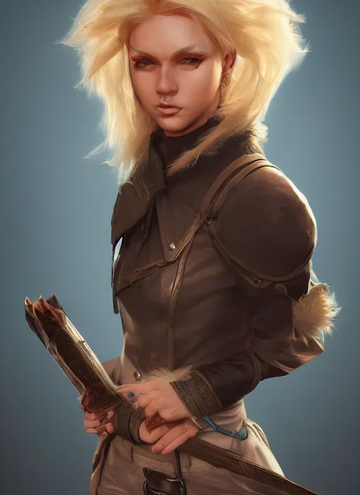 Image similar to An epic fantasy comic book style portrait painting of a young blonde thief, unreal 5, DAZ, hyperrealistic, octane render, cosplay, RPG portrait, dynamic lighting