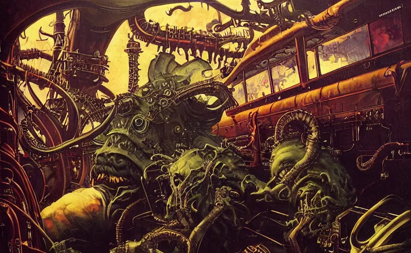 Image similar to cthulhu devouring a steampunk school bus. highly detailed science fiction painting by norman rockwell, frank frazetta, and syd mead. rich colors, high contrast, gloomy atmosphere, dark background. trending on artstation