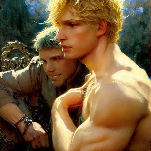 Image similar to attractive male, arthur pendragon who has blond hair confesses his love to attractive male, merlin who has dark hair. highly detailed painting by gaston bussiere, craig mullins, j. c. leyendecker 8 k