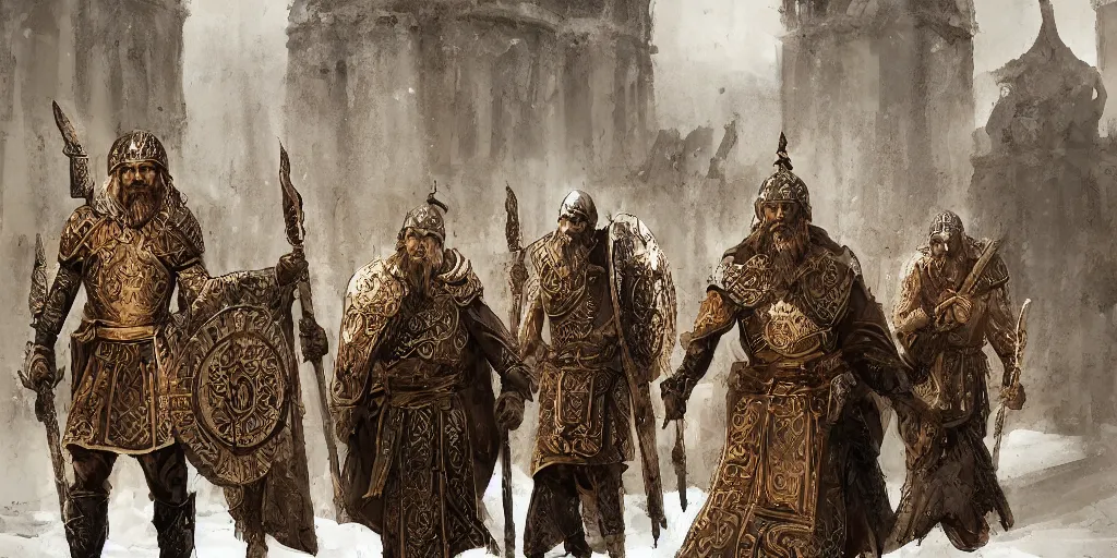 Image similar to byzantine styled warrior - monks patrol the streets of a sacred necropolis in winter, sharp focus, intricate concept art, ambient lighting, artstation